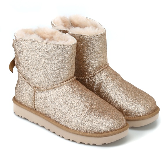UGG Mini Bailey Bow Gold Sparkle Boots Glitter NEW - Picture 8 of 8